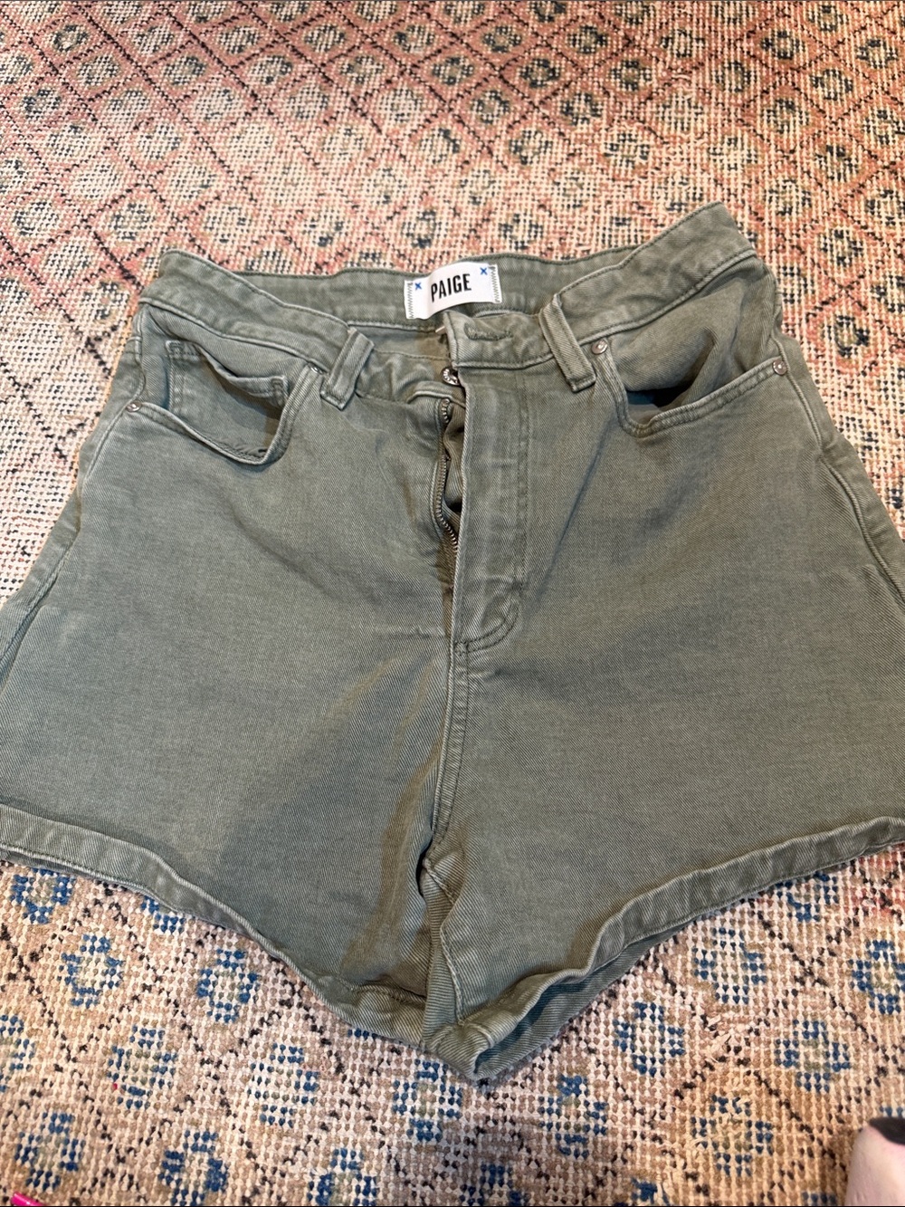 PAIGE High-Waist Olive Green Denim Shorts